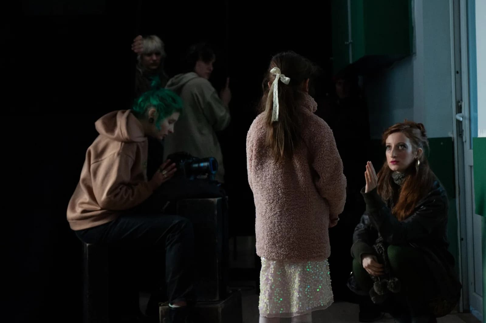 Holy Smear set: the director briefing a child actor beside the camera