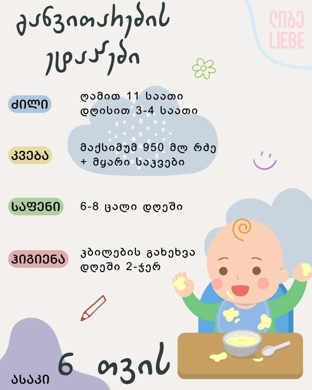 Daily routine infographic for a 6-month-old: sleep, feeding, diapers, hygiene