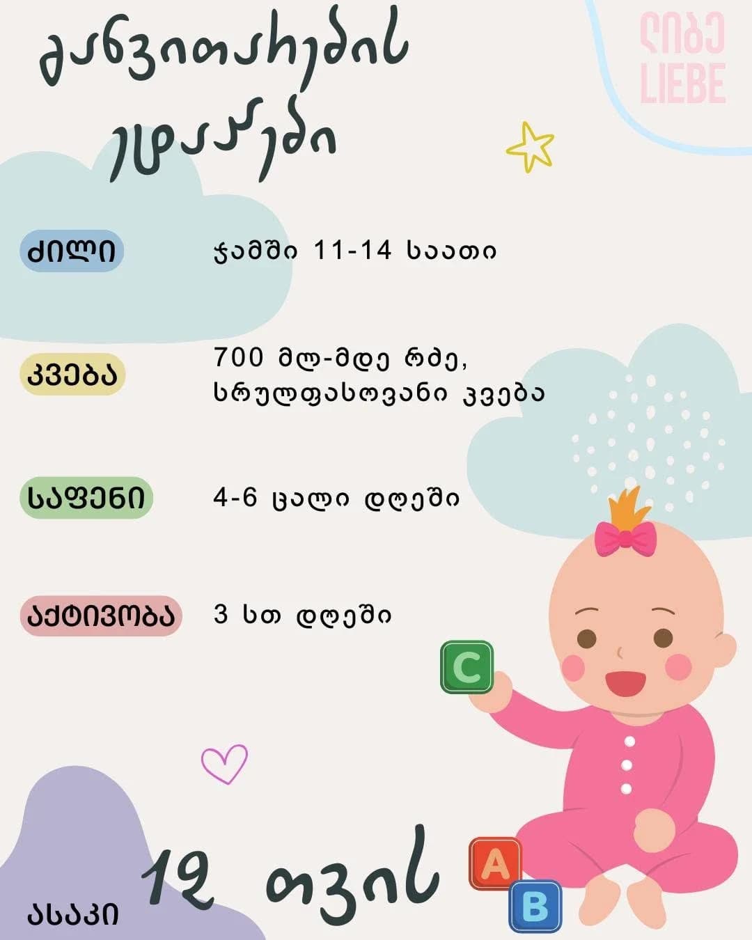 Daily routine infographic for a 12-month-old: sleep, feeding, diapers, activity