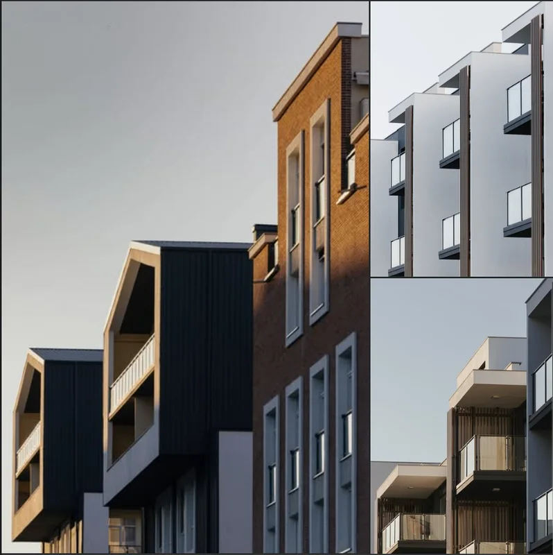 Real estate ad: residential facade in evening light
