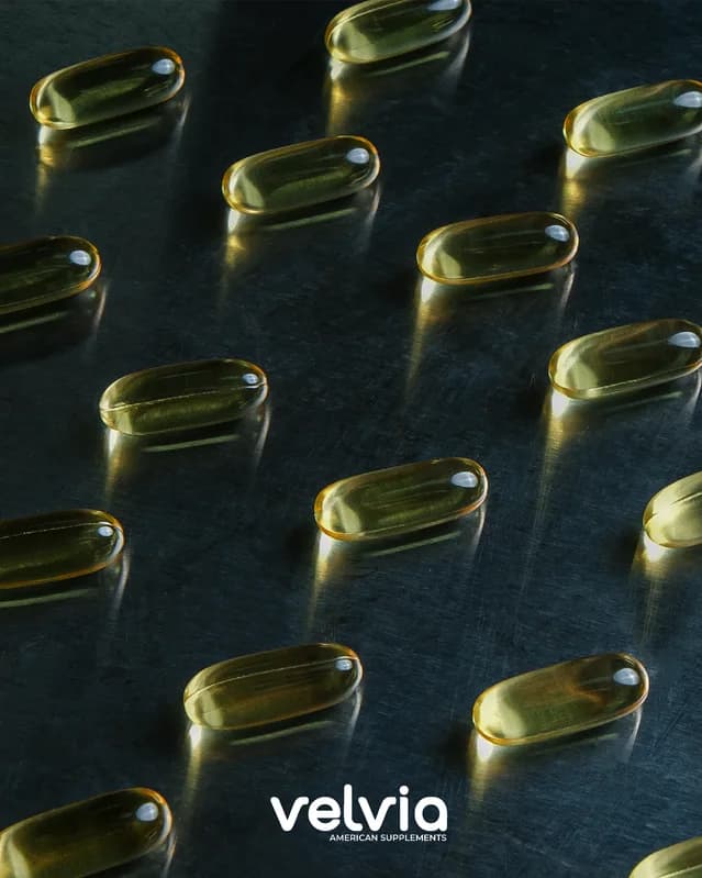 Velvia poster: gold softgels in rows