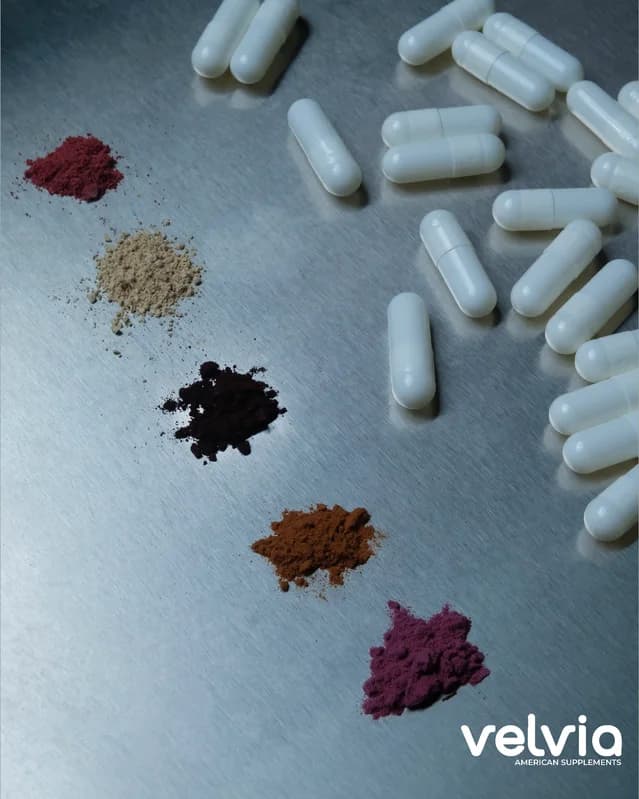 Velvia poster: raw powders and capsules