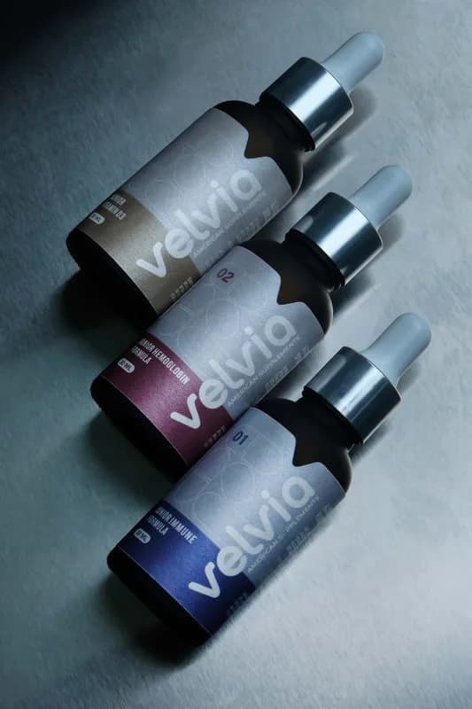 Velvia dropper bottles in muted colors